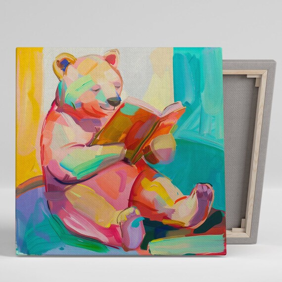 Colorful Abstract Bookworm Bear Reading Book Kids Room Art Poster