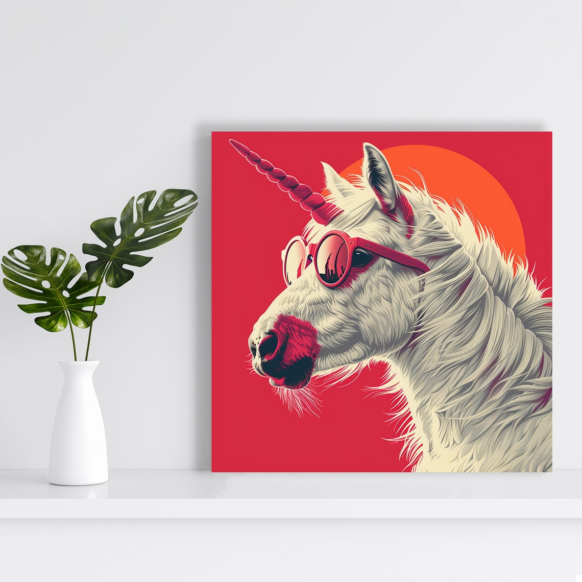 Unicorn Wearing Red Sunglasses Glowing Retro Sun Red Pop Art Poster - Image 2