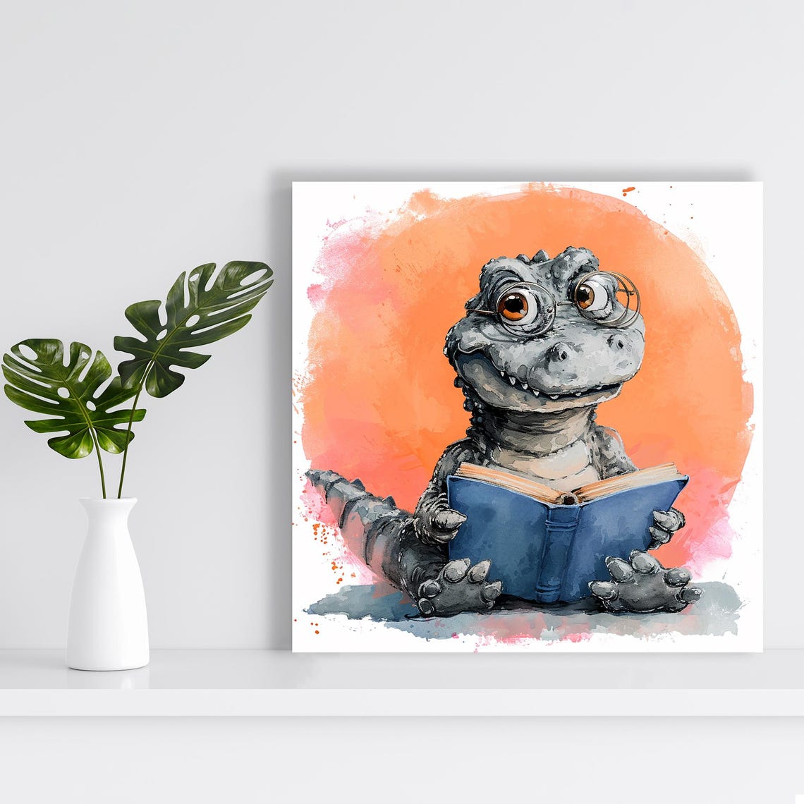 Baby Crocodile With Glasses Reading A Book Watercolor Art Poster - Image 2