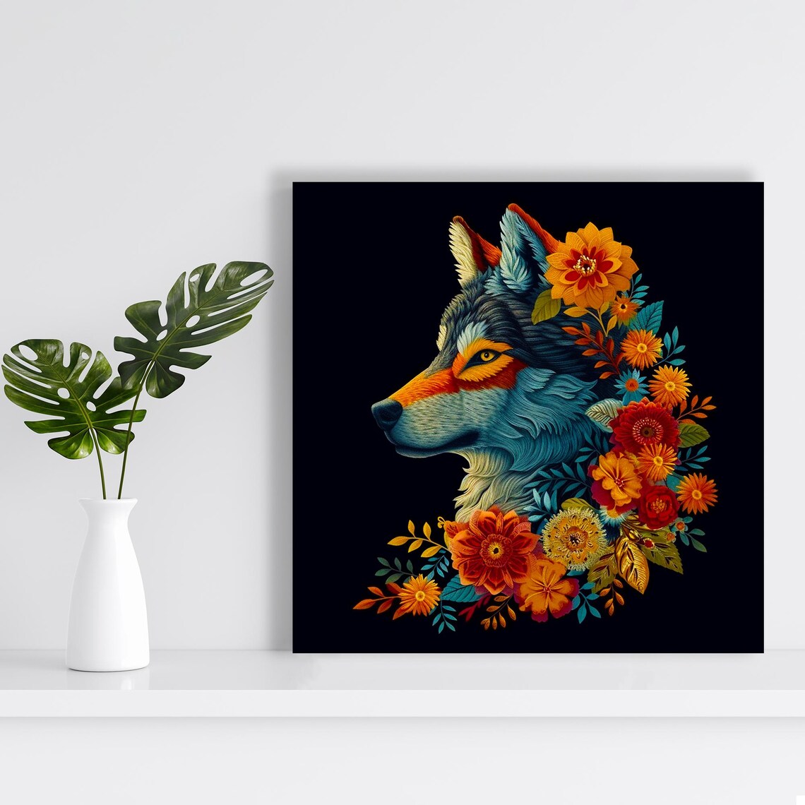 Wolf Head With Flowers On Black Background Floral Animal Wall Art Poster - Image 2