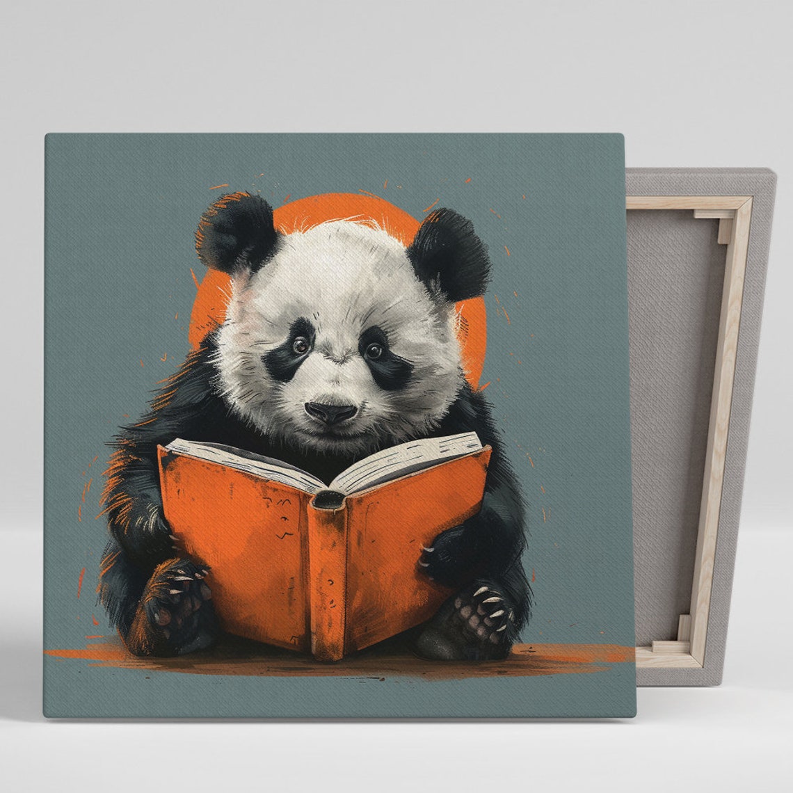 Baby Panda Reading Orange Book Teal Background Cute Bookworm Poster