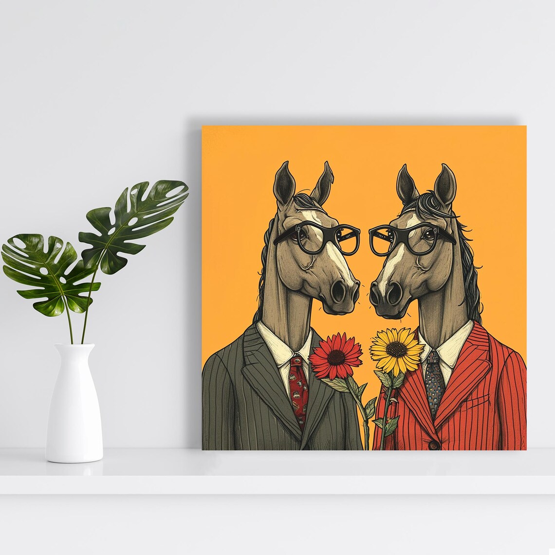 Dapper Horse Duo In Suits And Glasses Holding Flowers Retro Poster - Image 2