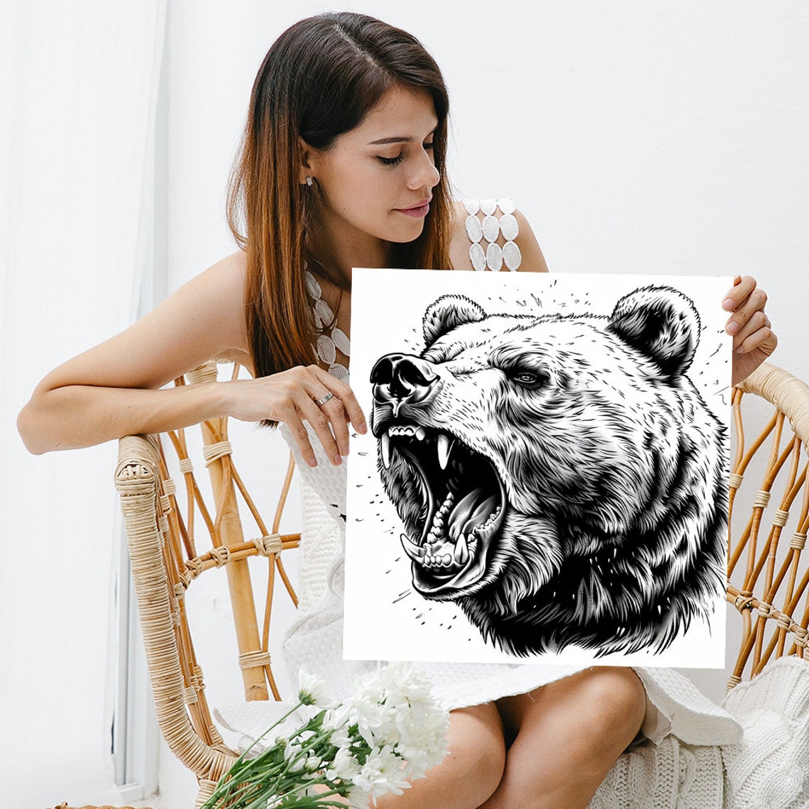 Roaring Bear Head Black White Sketch Intense Wildlife Art Poster - Image 3