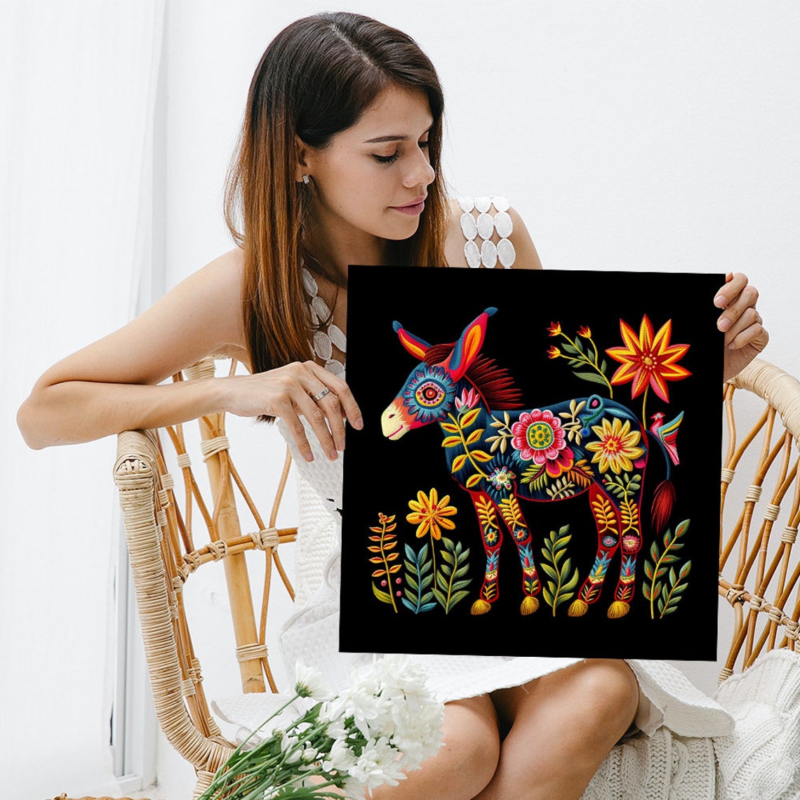 Folk Art Donkey Mexican Floral Embroidery Black Colorful Boho Poster - Image 3