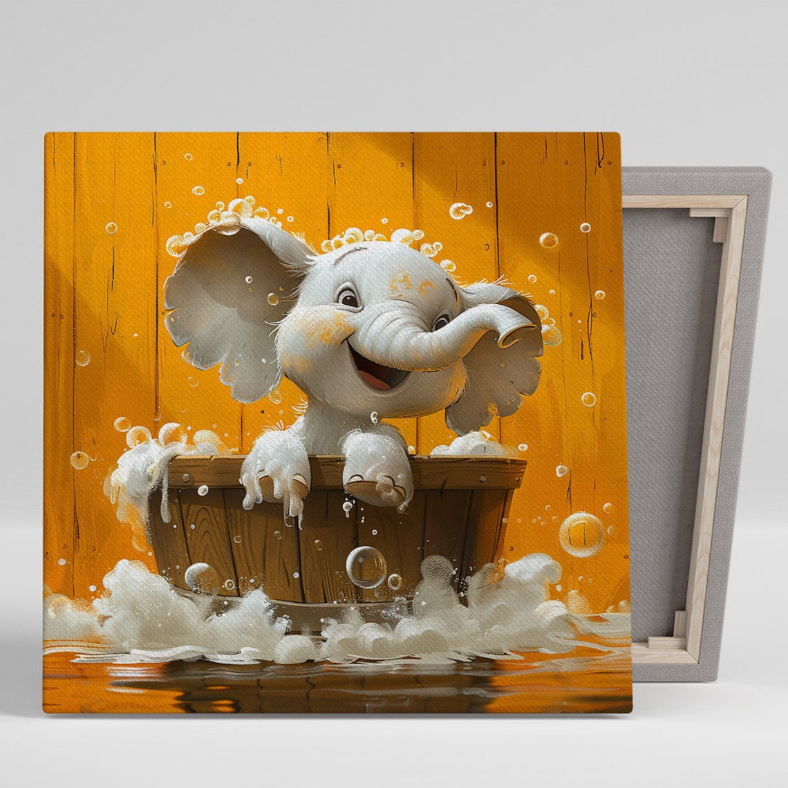 Baby Elephant Bubble Bath Wooden Tub Orange Happy Nursery Art Poster