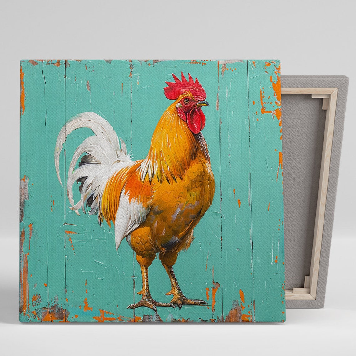Golden Rooster Turquoise Barn Wood Farmhouse Rustic Wall Poster