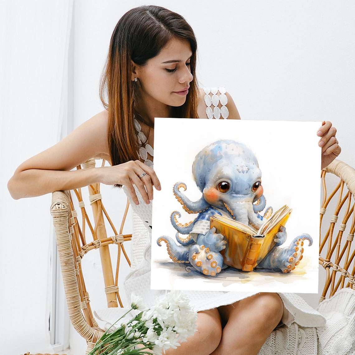 Cute Baby Octopus Reading Golden Book Sweet Nursery Wall Poster - Image 3