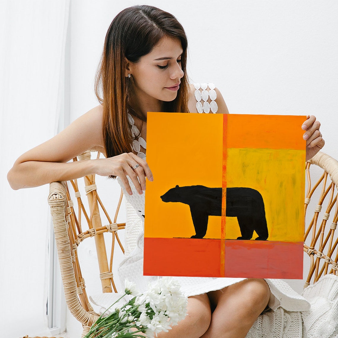 Black Bear Silhouette On Fiery Orange Abstract Modern Art Poster - Image 3