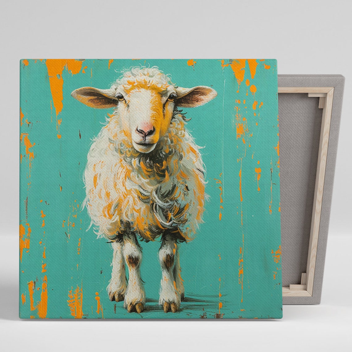 Fluffy Sheep Teal Background Orange Paint Drip Farm Wall Art