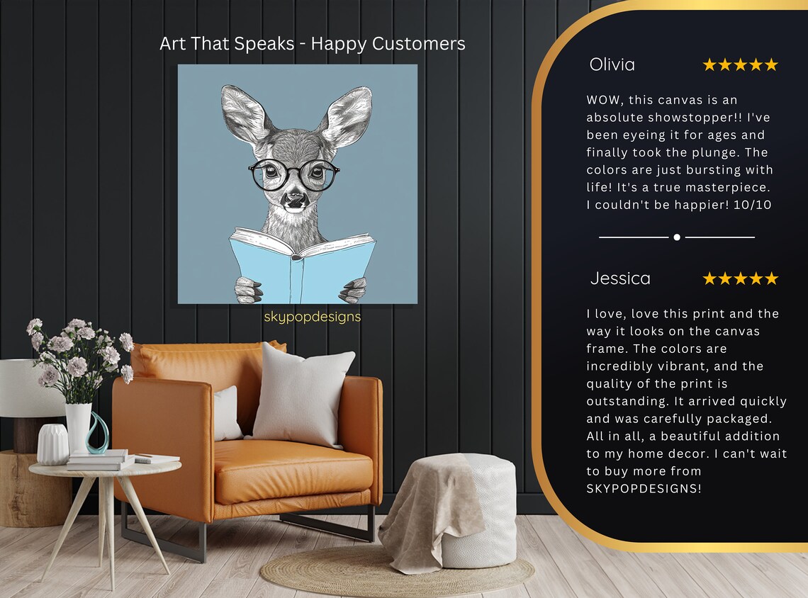 Baby Deer Glasses Reading Blue Book Pencil Sketch Library Art Poster - Image 2