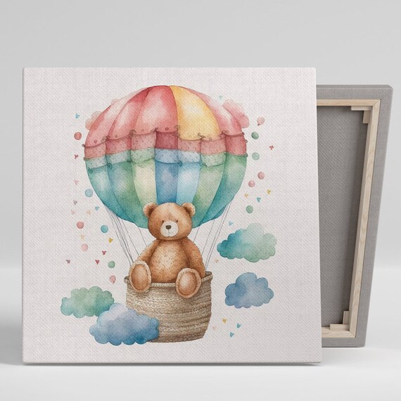 Teddy Bear Hot Air Balloon Poster Watercolor Nursery Adventure Decor