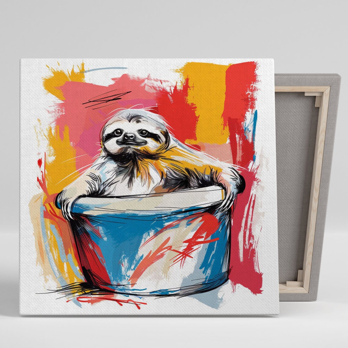 Smiling Sloth in Bucket Colorful Paint Splash Fun Whimsical Wall Poster