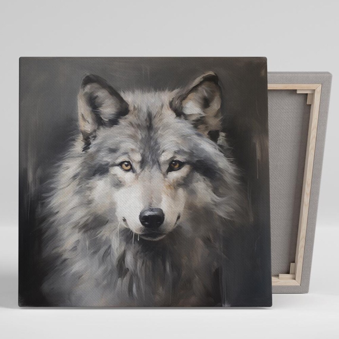 Grey Wolf Portrait Amber Eyes Soft Painterly Dark Wildlife Wall Poster