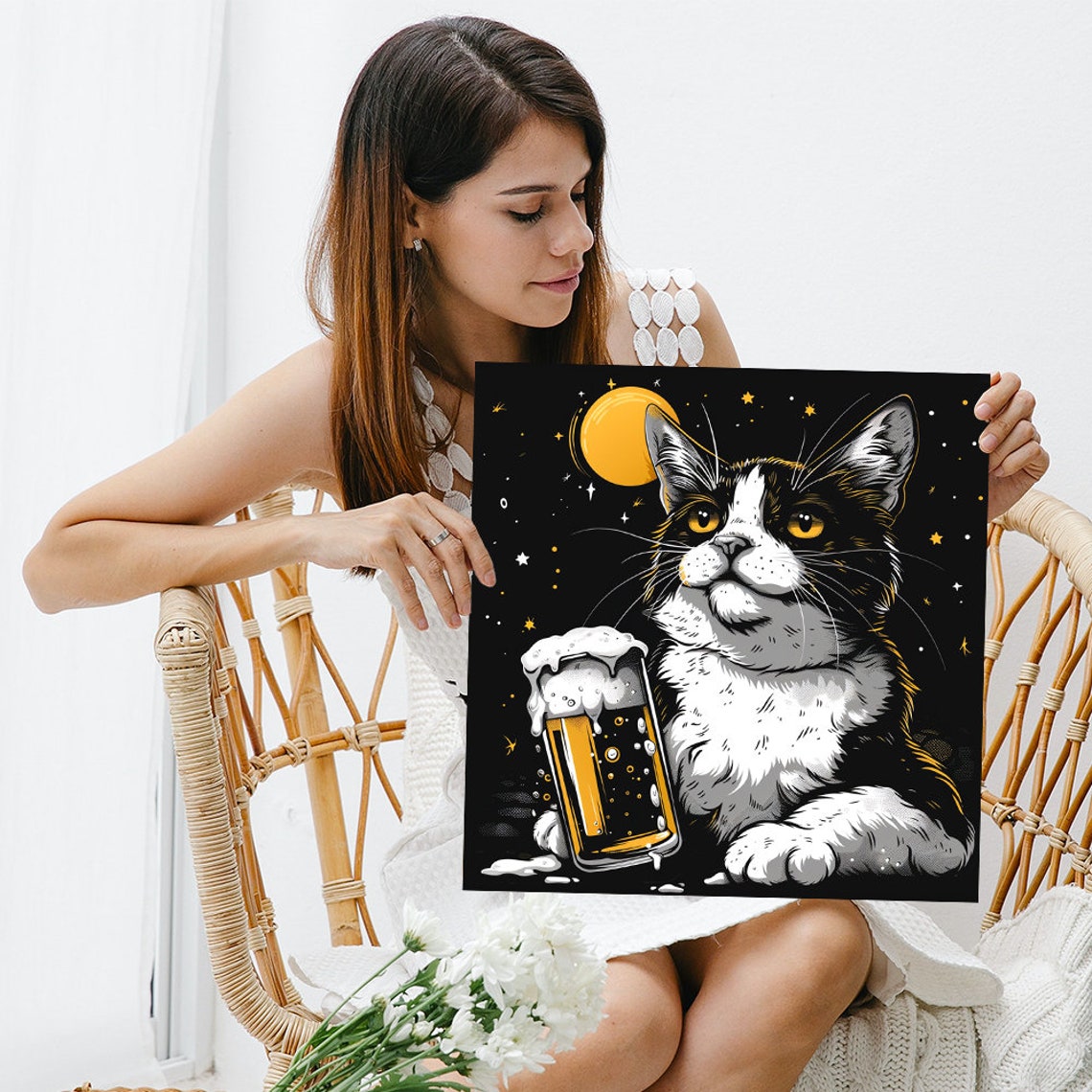 Cat With Beer Under Starry Night Moon Whimsical Bar Room Poster - Image 3