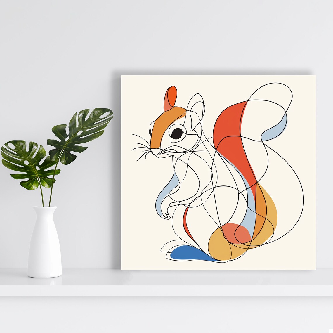 Squirrel Line Drawing Abstract Minimalist Orange Blue Color Block Poster - Image 2