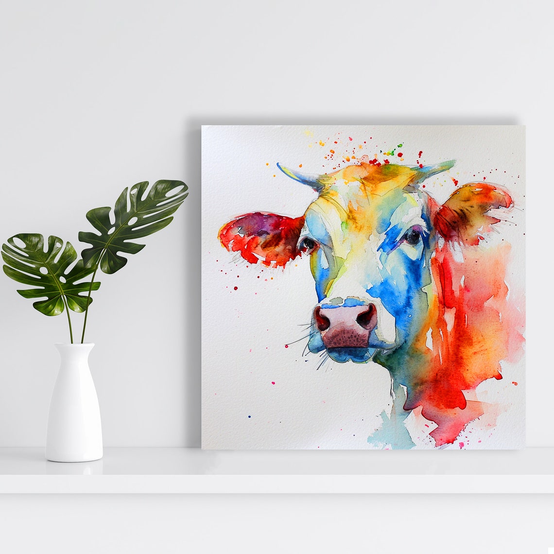Rainbow Watercolor Cow Face Red Blue Yellow Splash Art Poster - Image 2