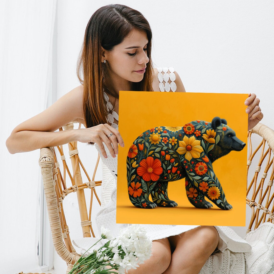 Floral Bear Folk Art Orange Blossoms Mustard Yellow Bohemian Wall Poster - Image 3