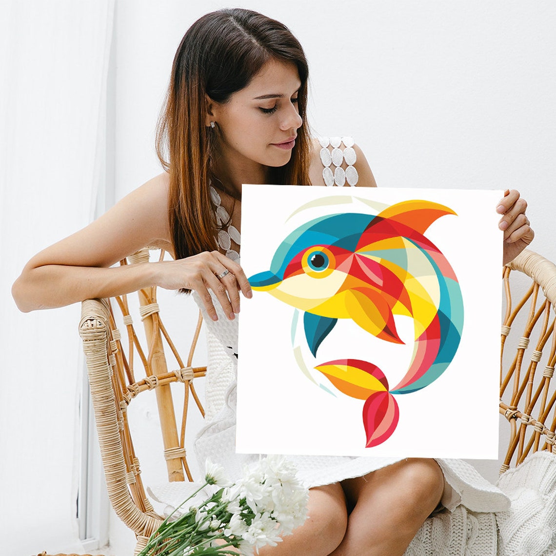 Geometric Colorful Dolphin Red Yellow Teal Modern Ocean Art Poster - Image 3