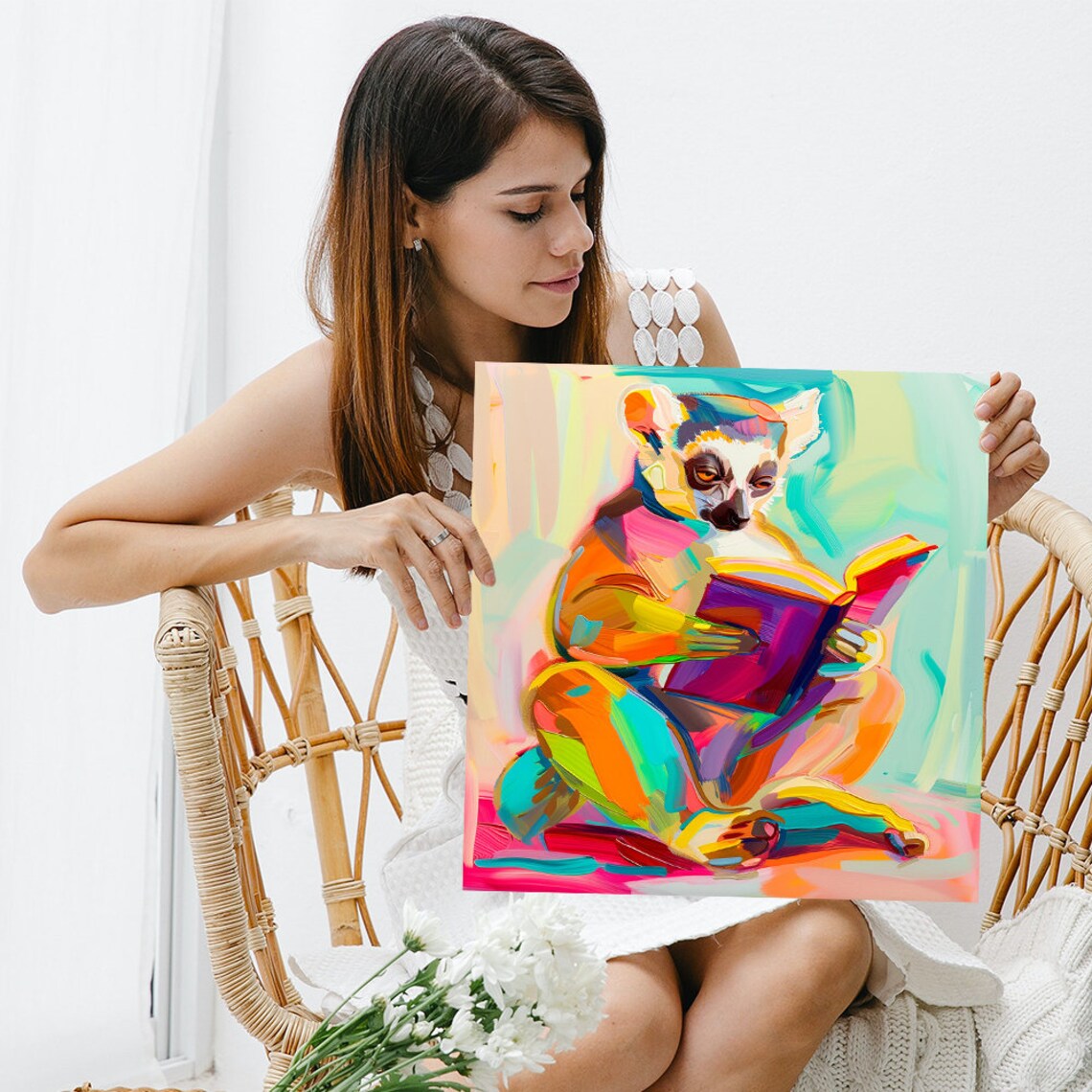 Lemur Reading a Book Colorful Painterly Nursery Animal Bookworm Poster - Image 3