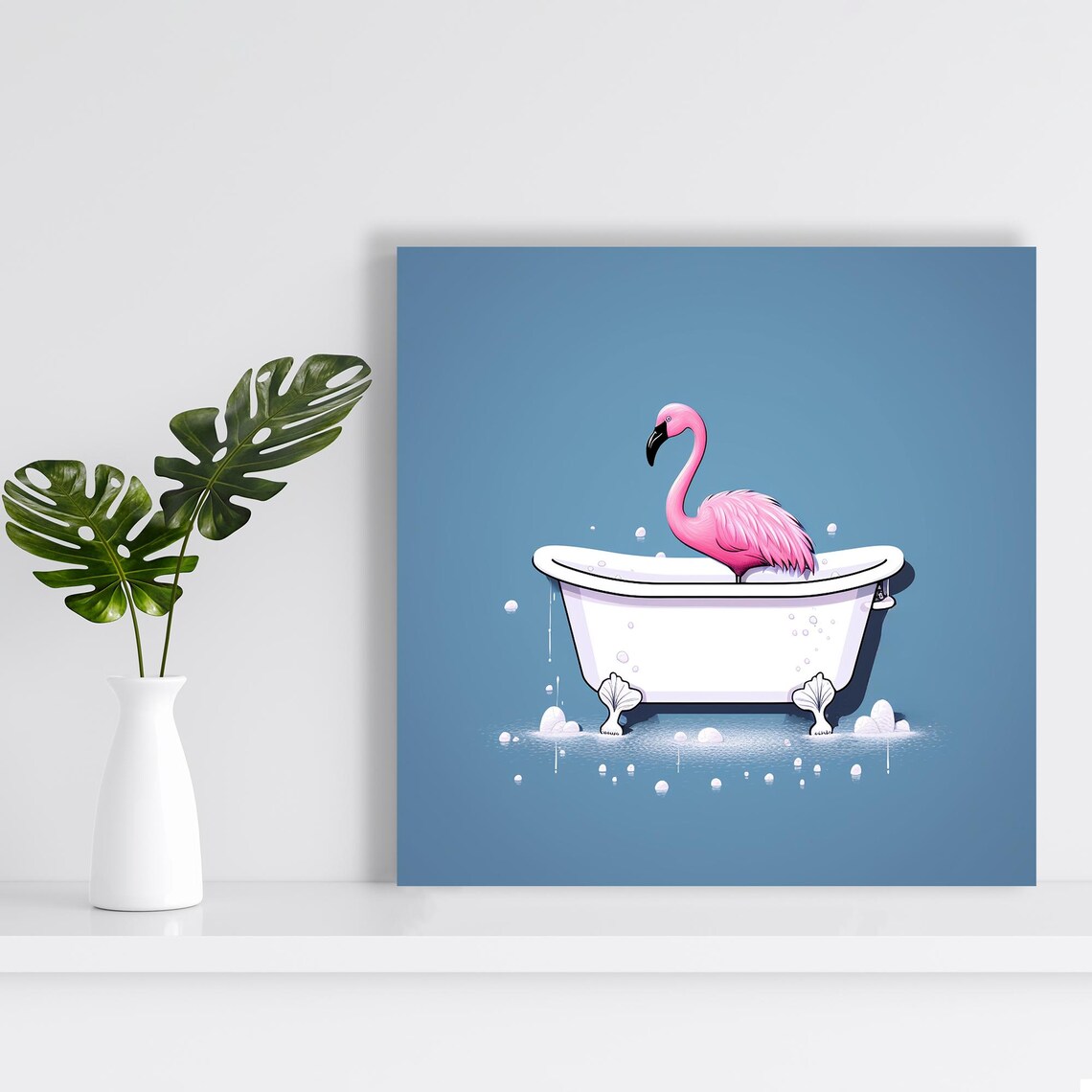 Pink Flamingo Bathing in White Tub Bubbles Blue Bathroom Wall Poster - Image 2