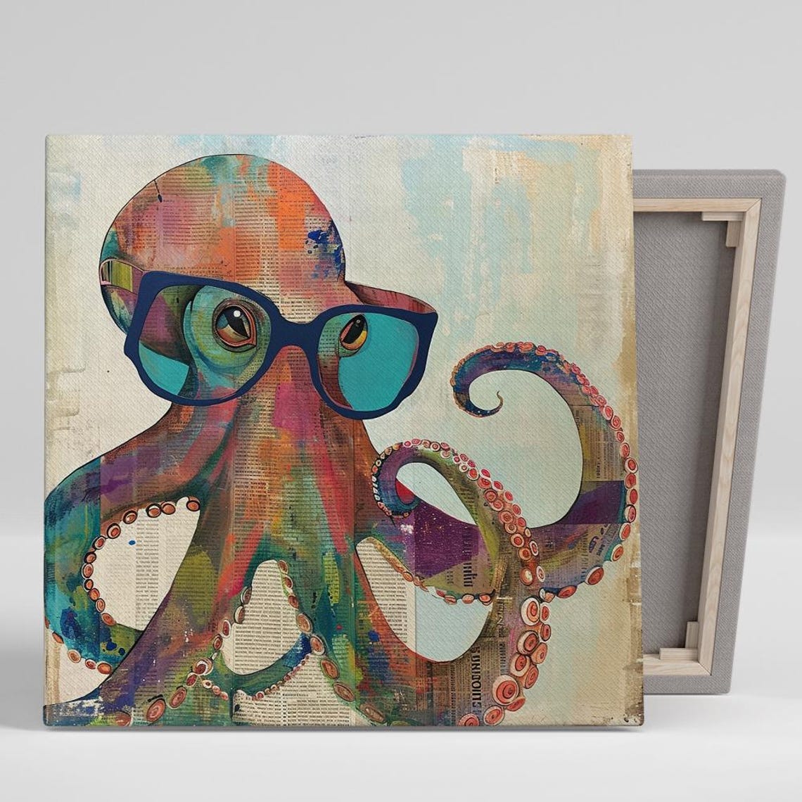 Octopus Wearing Blue Glasses Newspaper Collage Artsy Pop Art Poster
