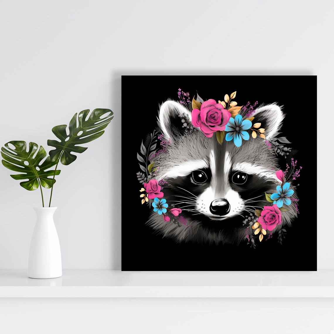 Cute Raccoon Portrait With Pink Roses Blue Flowers Crown Black Wall Poster - Image 2