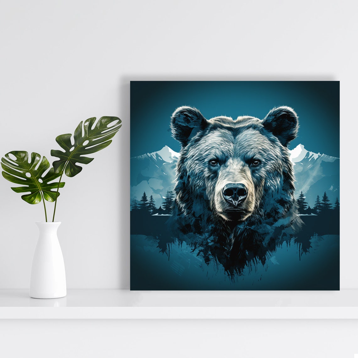 Grizzly Bear Face Mountain Forest Silhouette Moody Blue Nature Poster - Image 2