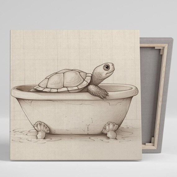 Turtles Bathtub Adventure Art Or Poster Whimsical Nature Decor Bathroom Children Room Office Bedroom Wall Art Brown White Beige