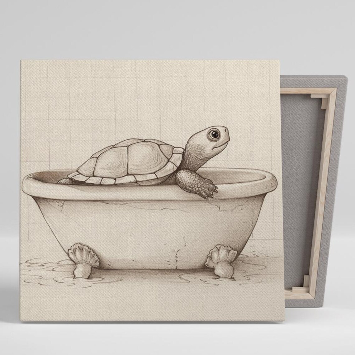Turtle Relaxing In Clawfoot Bathtub Sepia Sketch Wall Art Print