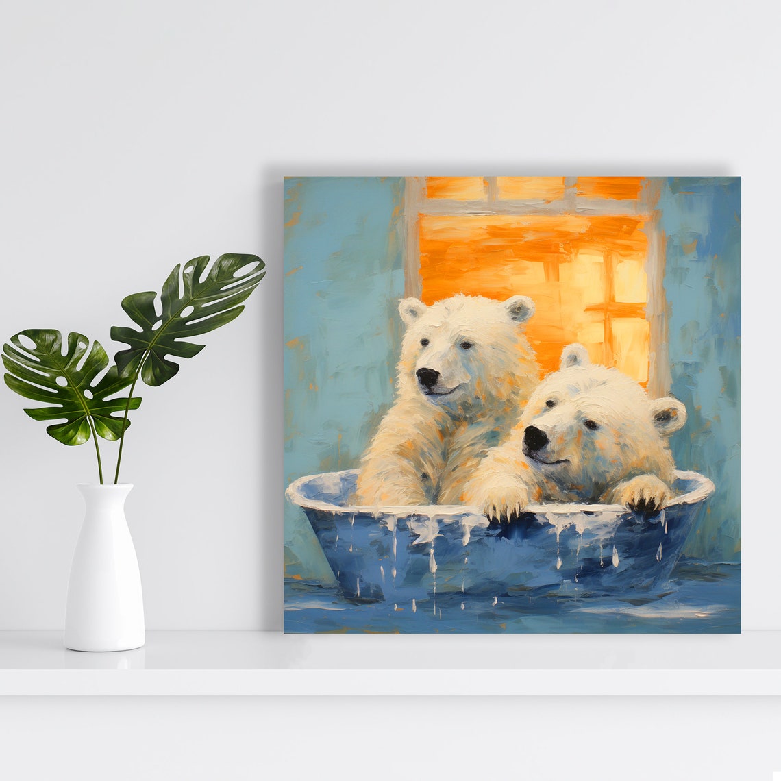 Two Polar Bear Cubs Splashing in Blue Bubble Bath Tub Cozy Wall Art - Image 2