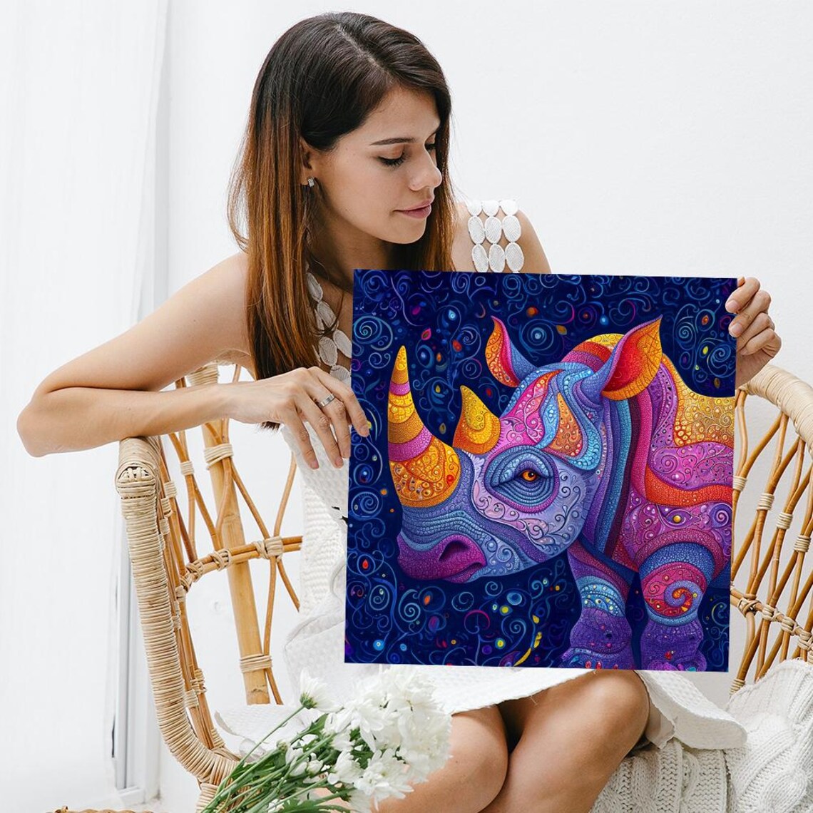 Cosmic Rhino Dreamscape Ornate Swirl Purple Night Sky Animal Poster - Image 3