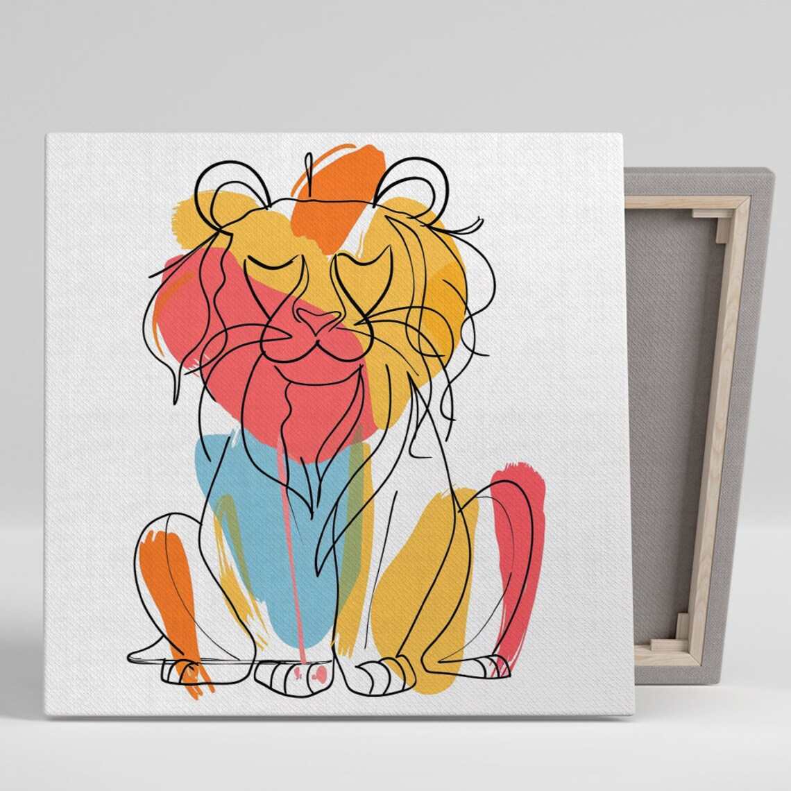 Abstract Lion One Line Drawing Bold Color Blocks Modern Animal Poster