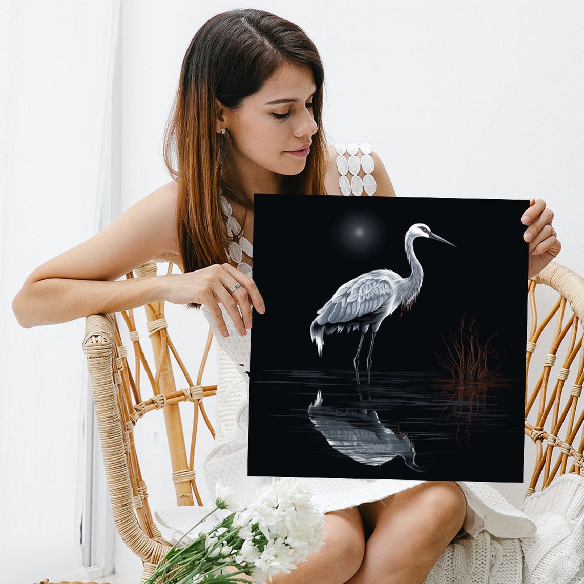White Heron Standing In Dark Moonlit Water Reflection Art Poster - Image 3