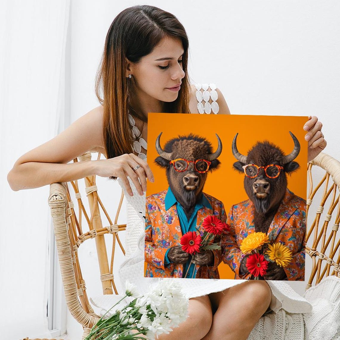 Funny Bison Duo Suits Glasses Flowers Quirky Orange Wall Art Poster - Image 3
