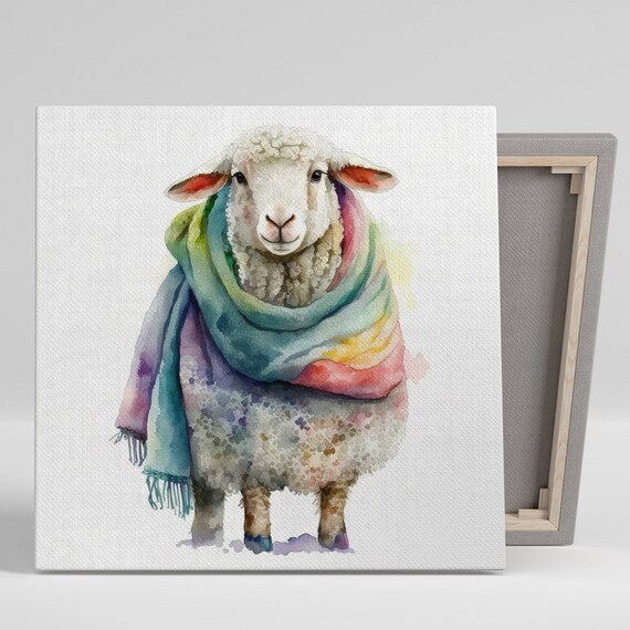 Colorful Sheep in Scarf, Whimsical Farmhouse Art Print