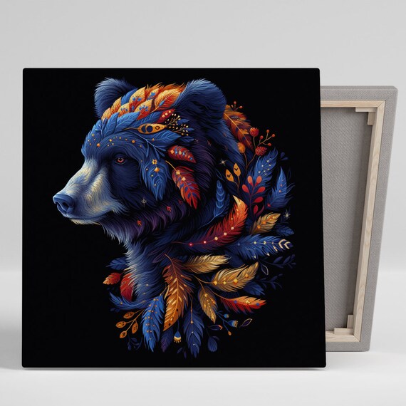Celestial Bear Spirit Bohemian Feather Portrait Black Background Poster