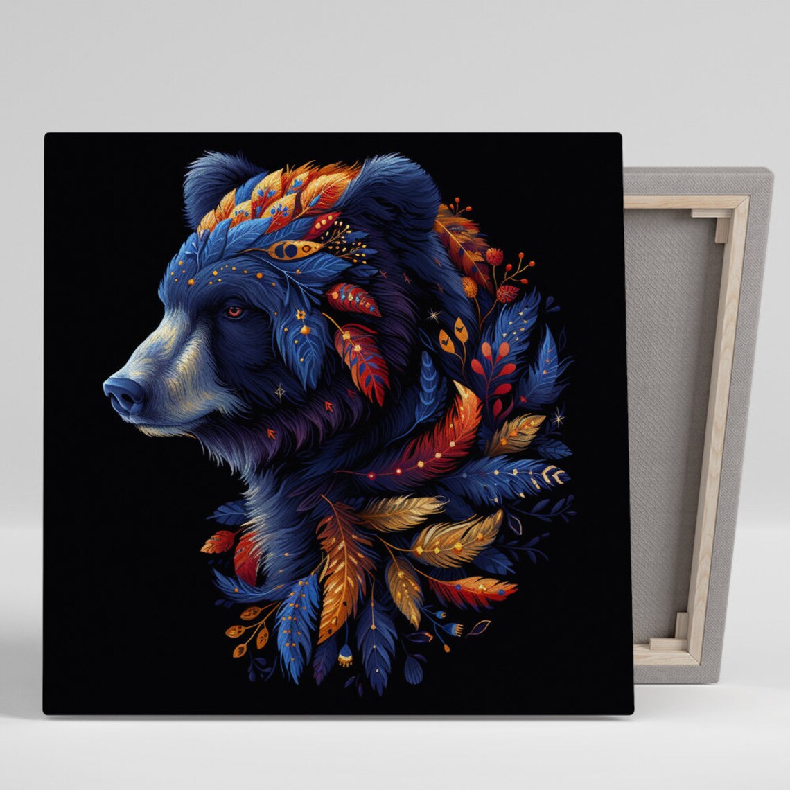 Celestial Bear Spirit Bohemian Feather Portrait Black Background Poster
