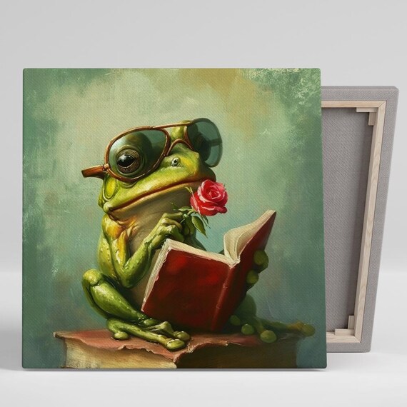 Frog Reading Book Rose Goggles Whimsical Oil Painting Library Wall Poster