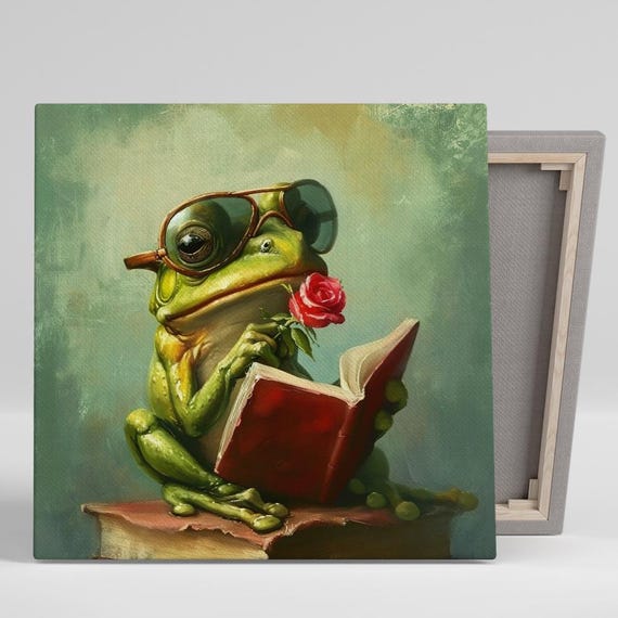 Frog Wall Art Or Poster Whimsical Contemporary Decor Childrens Room Living Room Office Library Wall Art Green Red Brown Yellow