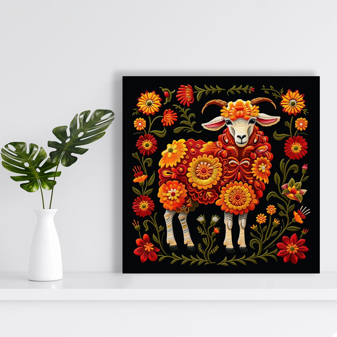 Embroidered Floral Sheep Folk Art Black Background Wall Art Poster - Image 2
