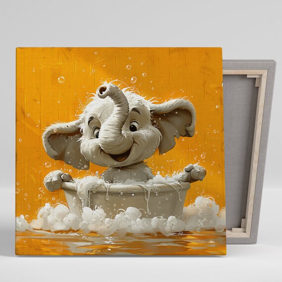 Baby Elephant Bubble Bath Golden Yellow Cheerful Nursery Poster