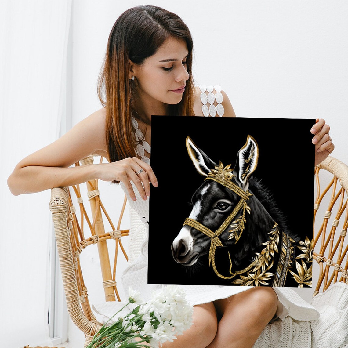 Regal Black Donkey With Golden Floral Bridle Portrait Wall Art - Image 3
