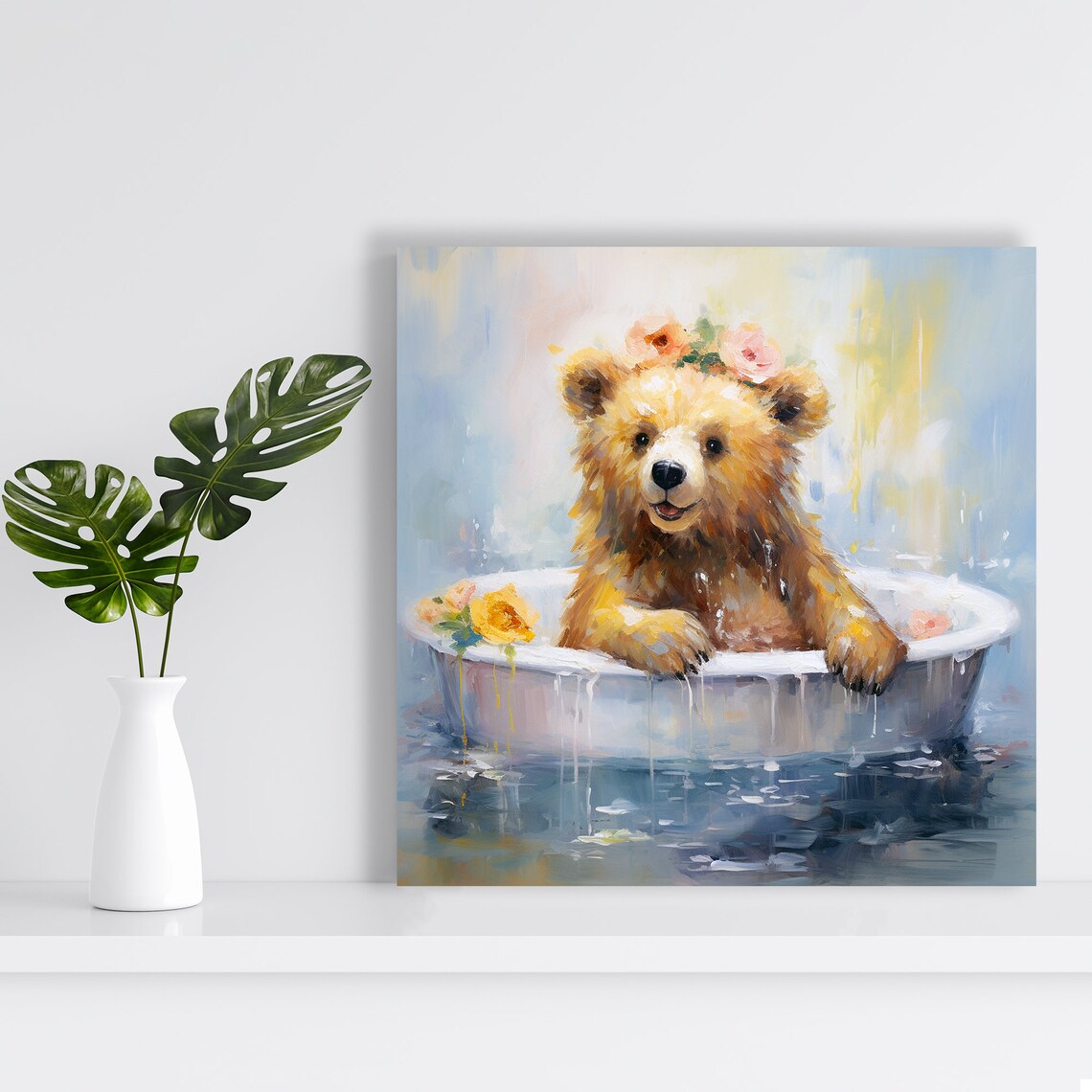 Blooming Bath Bear, Whimsical Rustic Wall Art Print - Image 2