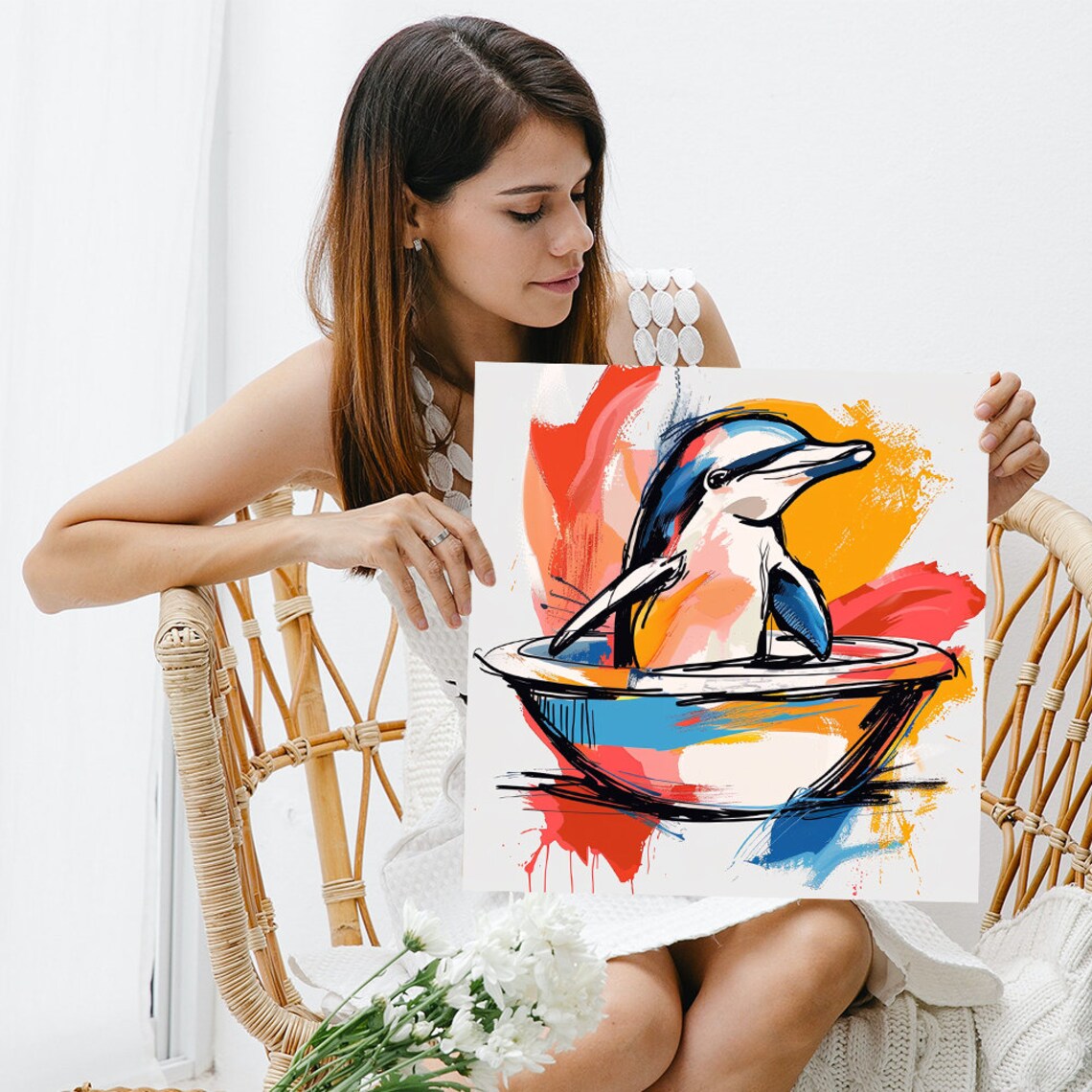 Dolphin in Bowl Poster Ink Watercolor Splash Colorful Marine Decor - Image 3
