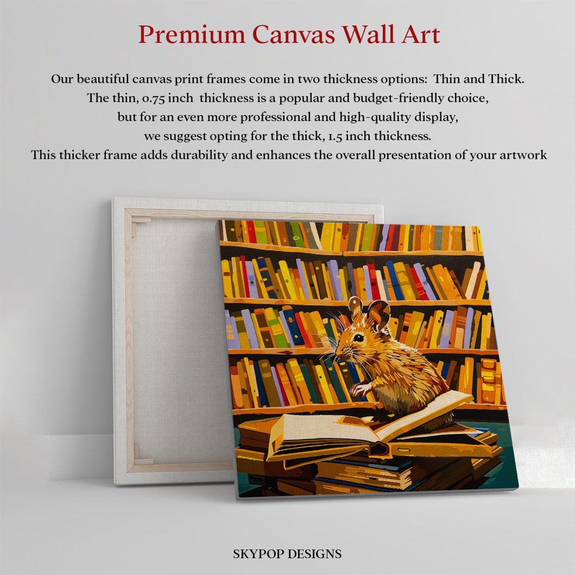 Mouse Sitting on Open Books in Cozy Library Bookshelf Wall Art - Image 3