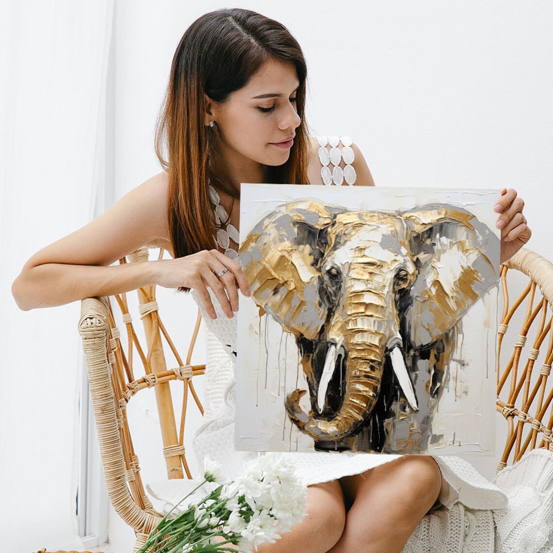 Elephant Portrait White And Gold Elegant Wildlife Impasto Canvas Poster - Image 5