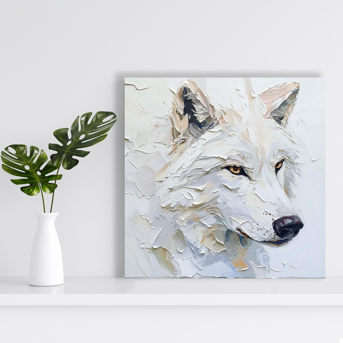 White Wolf Impasto Oil Painting Minimalist Elegant Wildlife Art Poster - Image 2