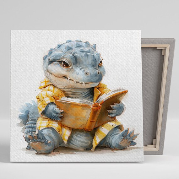 Bookworm Croc Wall Art Or Poster Whimsical Animal Decor Childrens Nursery Living Room Office Wall Art Blue Yellow Orange White