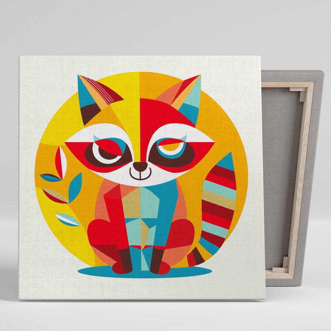 Geometric Raccoon Flat Design Red Yellow Cute Animal Wall Poster