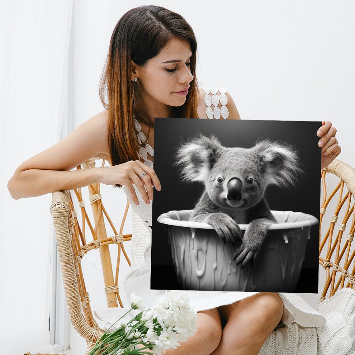 Koala In Bathtub Black White Minimalist Animal Wall Art Poster - Image 3